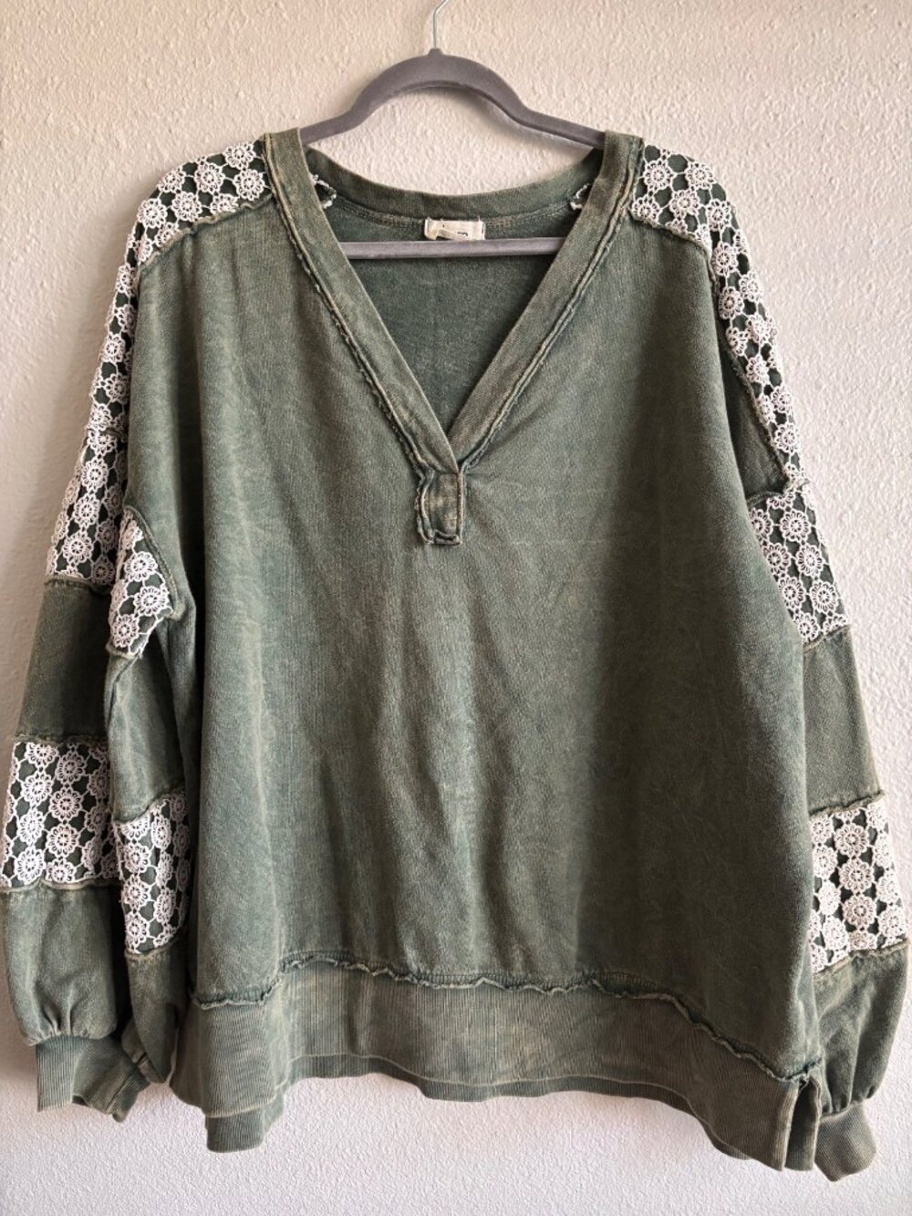 J. Her Green Mineral Wash Boho Oversized Sweatshirt With Lace Accent Sleeves - Picture 11 of 11